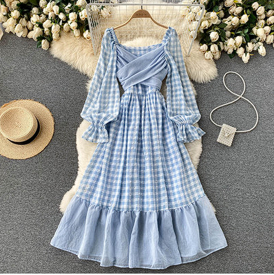 Gentle and elegant square collar lantern sleeve plaid dress foreign style age reduction waist slimming French retro fairy dress