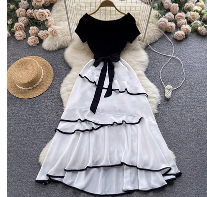 Temperament Goddess Fan Chic Western Style Dress Summer Women 2022 New Ladies Lace Up Waist A-Line Mid-Length Dress