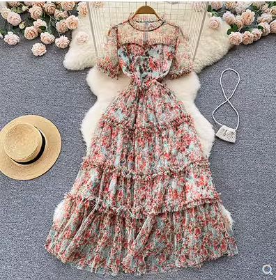 Summer new European and American style fashionable unique printed mesh large swing dress slim fit thin cake long skirt