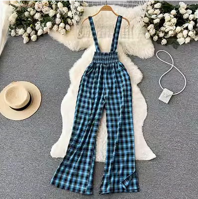 Design sense plaid suspenders women's spring and summer new Korean version high waist thin college style wide leg pants suspenders trousers tide