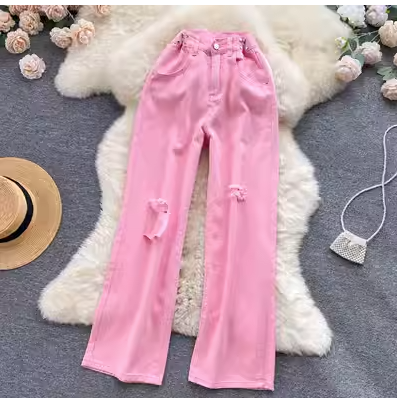 Korean version of loose wide-leg ripped denim pants women's summer thin all-match high waist thin straight trousers ins high street