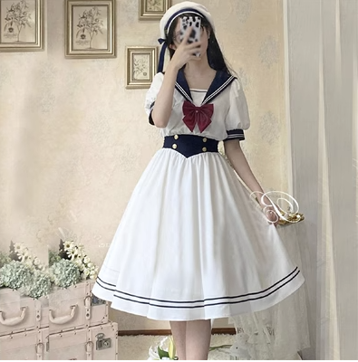 2023 summer new Japanese college style JK navy collar dress female students waist slimming mid-length skirt