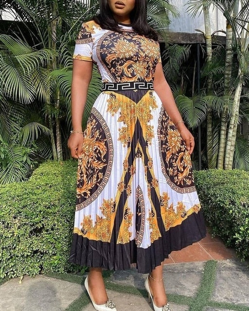 Cutubly Pleated Short Sleeve Dresses High Waist Print Maxi Dress Fashion Casual Office Elegant Party Club Dresses For Women Sexy