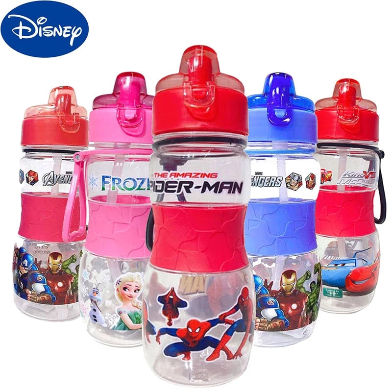 Disney Spiderman Frozen The Avengers Cars Water Sippy Cup Cartoon Marvel Kids Feeding Cups with Straws Outdoor Portable Bottles