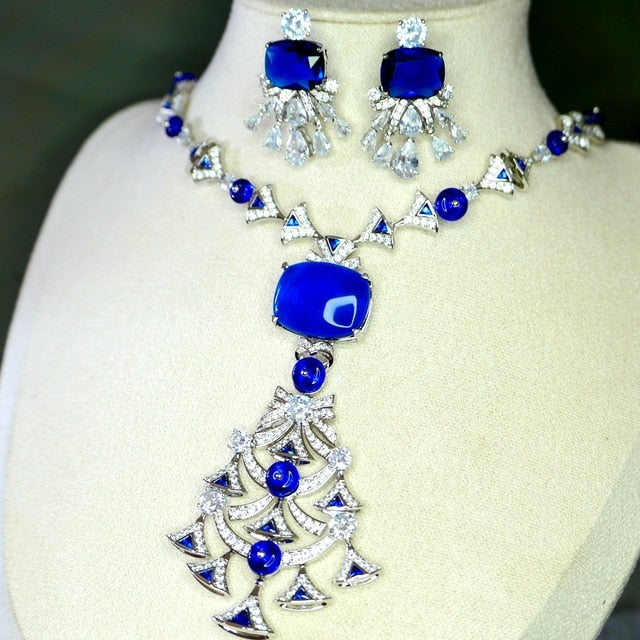 Dubai Fashion Big Blue Zirconia Flower Geometric Dangle Earrings And Necklace Silver Gold plated Jewelry Sets for Wedding 2022