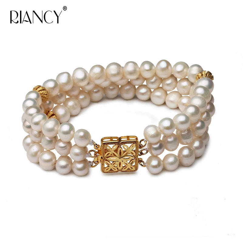 Fashion three rows Natural Freshwater white Pearl Bracelet Pearl Jewelry for Women wedding Valentine's Day Gift
