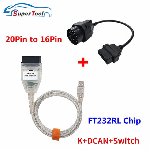 For BMW K+DCAN With FT232RL Diagnostic Cables Connectors For BMW 20Pin OBD2 Extension Cable To 16Pin IN-PA K DCAN Switch USB