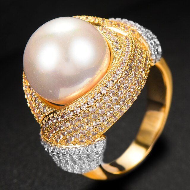GODKI Luxury Big Imitation Pearl Flower Bold Statement Rings with Zircon Stones 2022 Women Engagement Party Jewelry High Quality