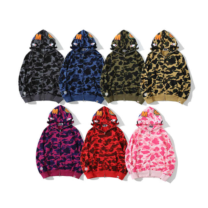 Fall Wholesale High Quality Bape Ape Shark Camo Hoodie Streetwear Casual Hoodies Sweatshirt Full Zipper Unisex Jacket