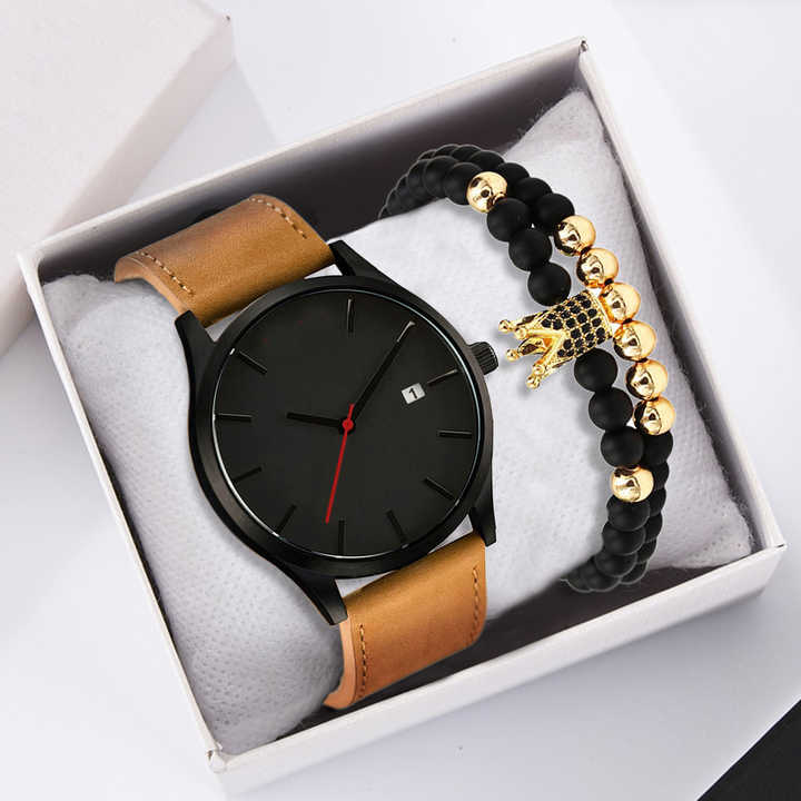 6013 Hot sale 2Pcs Men's Fashion Watch leather Quartz Watch With A Bracelet Set