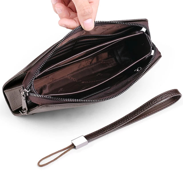 WILLIAMPOLO Genuine Leather Mens Clutch Wallet With Coded Lock Men Wallet Business Man Clutch Purse Mens Handbag PL286