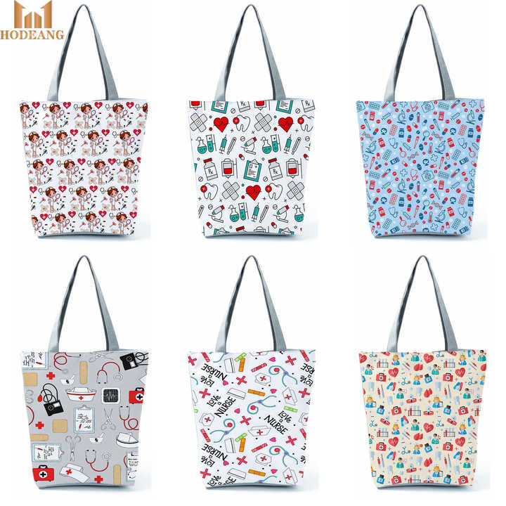 Cartoon Medical Print Handbags Portable Eco Friendly Canvas Tote Bag For Dentist Nurse