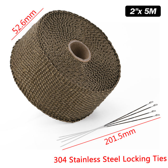 High Quality 5cm*5M 10M 15M Titanium/Black Exhaust Heat Wrap Roll for Motorcycle Fiberglass Heat Shield Tape with Stainless Ties