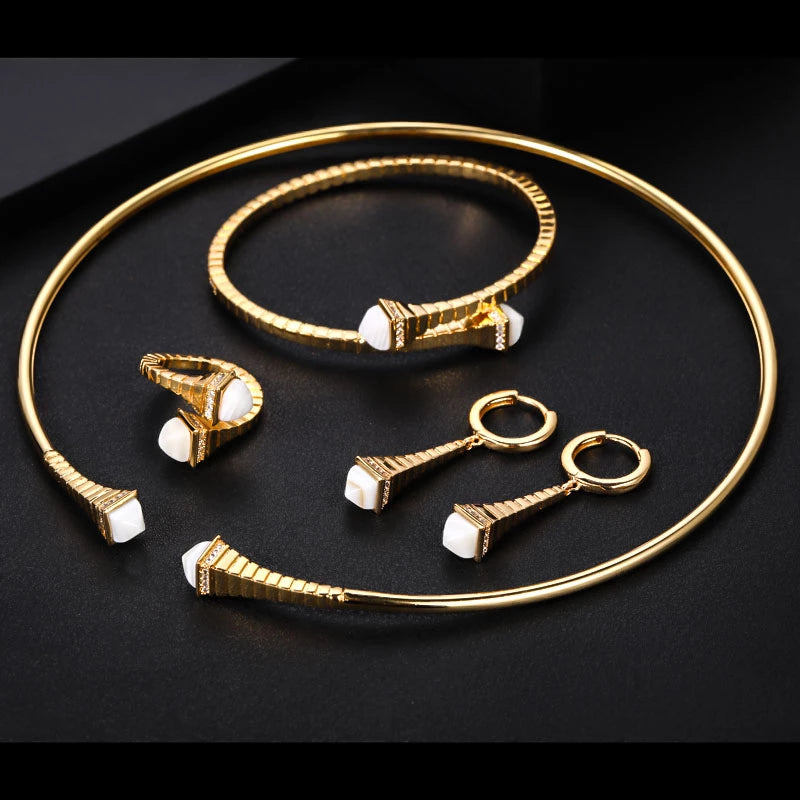 Jewelry Set and Ring Necklace Bridal Dress Bracelet Earrings Cubic Zirconia Luxury for Women 4 Trendy Copper Geometric