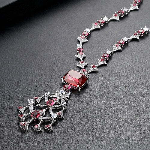 LUOTEEMI Luxury Chinese Traditional Chandelier Long Pendant for Women Blue Red Stone CZ Jewelry for Wedding Bride Gifts for Girl