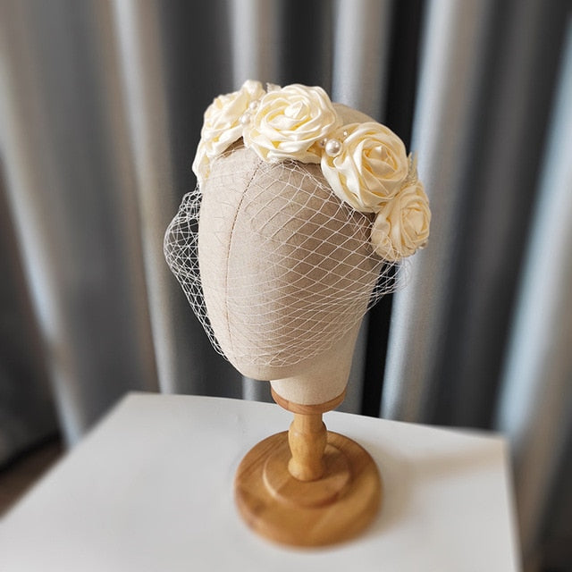 Large Flower Satin rose flower face veil hairbands women beautiful party hair wear wedding hair accessories
