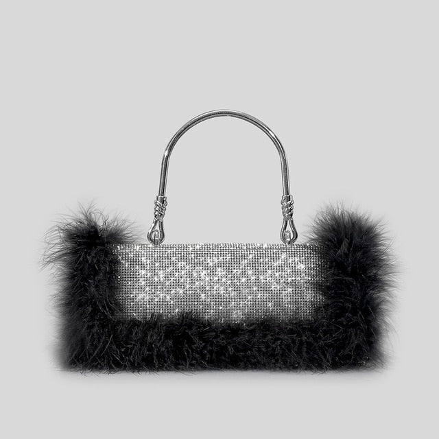 Luxury Ostrich Feathers Diamonds Evening Bags Rhinestone Women Handbag Faux Fur Shoulder Crossbody Bag Glitter Party Small Purse