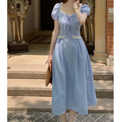 Summer French gentle style retro waist and thin temperament palace style dress mid-length sweet princess skirt