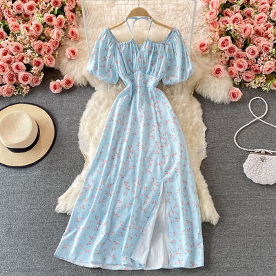 Summer French retro holiday style waistband is thin and floral halter neck square neck dress short sleeve temperament slit long skirt