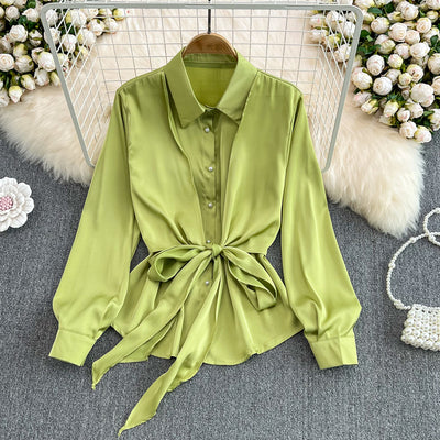 Fashionable waist and thin bow tie shirt women's 2022 spring new all-match Western chic long-sleeved top