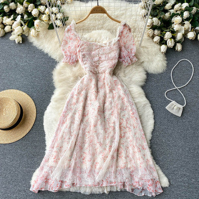 French gentle style tea break skirt female lace casual sweet temperament square neck floral waist dress fairy skirt