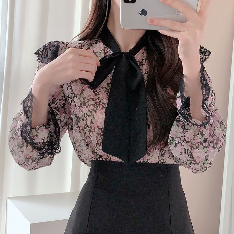 2022 early autumn new French design sense niche bow ribbon ribbon lace long-sleeved floral shirt top women's clothing