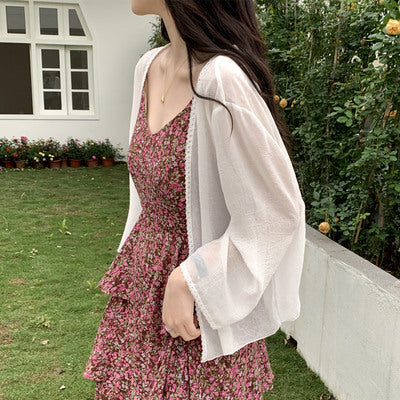 Cardigan sun protection clothing women's summer thin section outside loose chiffon shawl air-conditioning shirt with suspenders skirt blouse jacket