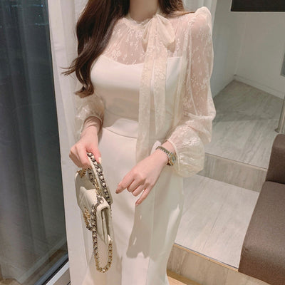 Korean chic dress women's spring 2022 new design sense niche lace temperament elegant slim long skirt