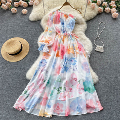 Seaside vacation big swing dress fashion super fairy slant collar unilateral off-shoulder lotus leaf high waist slim print dress