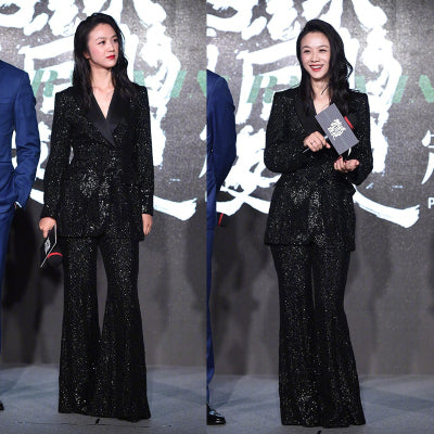 Tang Wei's same fashion long-sleeved V-neck sequined suit suit + black sequined bell-bottom pants party annual meeting host