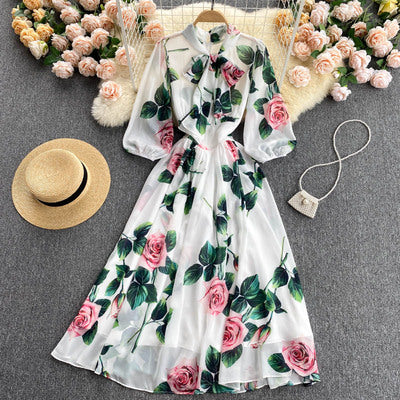 Noble and elegant temperament women's clothing 2022 new trendy sweet bow neckline age-reducing puff sleeve chiffon dress women