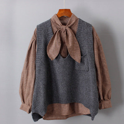 Shirt and sweater vest two-piece set women's spring and autumn new coat loose outer shirt knitted vest suit