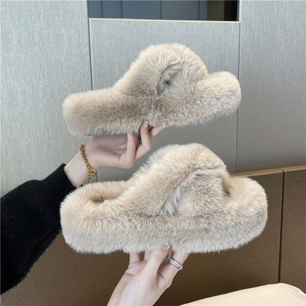 Hairy slippers women wear 2022 new Korean version ins tide shoes autumn and winter cross thick bottom cotton slippers spring and summer