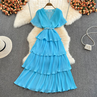 Seaside Holiday Beach Dress Retro Feminine V-neck High Waist Cake Dress Elegant Temperament Large Swing Long Skirt