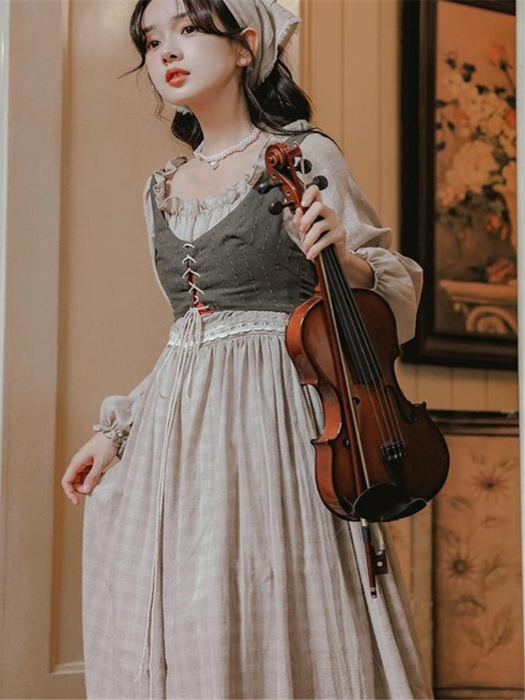 French temperament retro court style cotton and hemp oil painting chic long skirt with vest dress two-piece female autumn and winter fairy