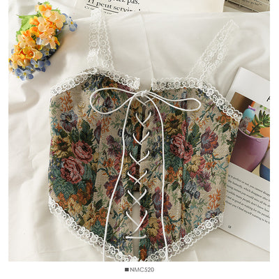 Retro drawstring bow tie floral apron vest women's 2021 autumn and winter lace stitching camisole