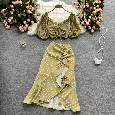 ins holiday style fried street suit summer women's sweet polka dot short top high waist slim skirt two-piece set