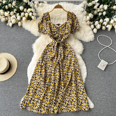 Floral dress female summer French retro first love lace lace square neck bow tie short-sleeved fairy skirt