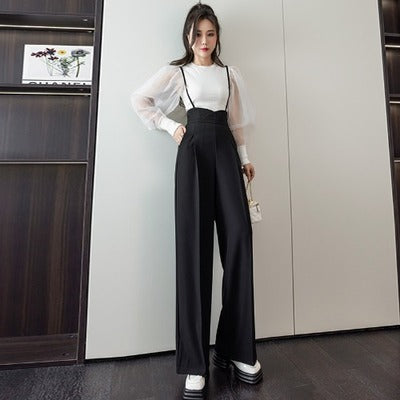 2022 autumn new high-waisted slim black cigarette pipe wide-leg casual overalls women's loose straight-leg mopping trousers