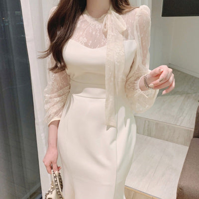 Korean chic French-style gentle temperament streamer mesh stitching waist-receiving thin bag-hip fishtail dress women's long skirt