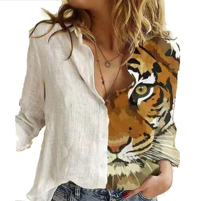 European and American style autumn new products POLO collar OL single-breasted character flower print long-sleeved shirt top women's shirt