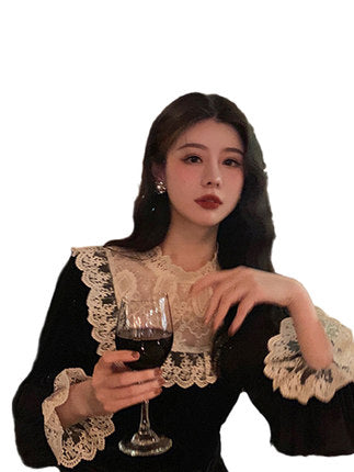 French retro scheming design sense of little black dress Hepburn style light luxury temperament celebrity royal sister lace velvet dressv