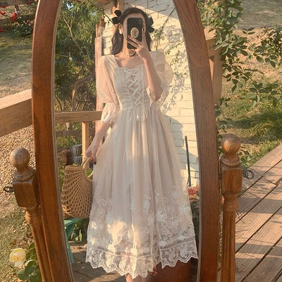 French Bellflower First Love Dress Spring and Summer Palace Style Literary Super Fairy Forest Series Mid-Length Mesh Embroidered Fairy Dress