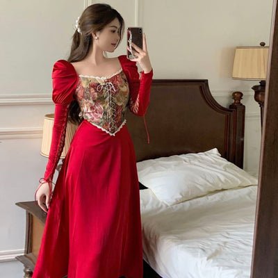 French retro high-end red dress women's 2022 spring new palace style sexy waist slim long skirt