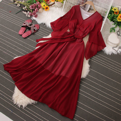 Seaside holiday beach skirt female bohemian big swing dress super fairy lady temperament V-neck bat sleeve dress