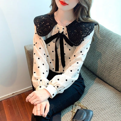 2023 Spring New French Retro Bowknot Doll Collar Long Sleeve Polka Dot Shirt Women's Design Sense Niche Tops