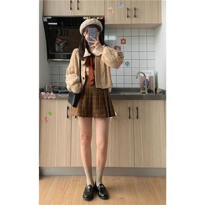 Hong Kong style suit women 2022 autumn and winter new short knitted sweater coat doll collar shirt two-piece sweet