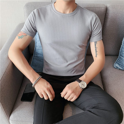 Summer thin ice silk seamless elastic short-sleeved t-shirt hollow striped slim round neck ice breathable men's undershirt