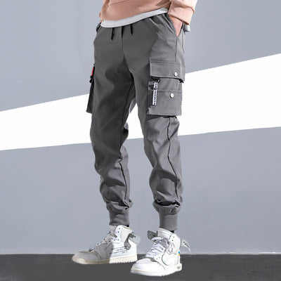 Summer thin overalls men's Hong Kong style ruffian handsome gray casual pants ins slim-fit leggings Korean-style all-match trousers