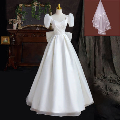 Satin wedding dress 2022 new bride light main wedding dress French retro palace style atmosphere simple and uniform go out yarn